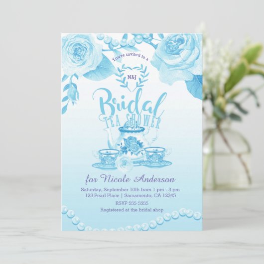 Rozen & Parels Elegante Blauwe Bruids Theedouche Kaart (Staand voorkant)