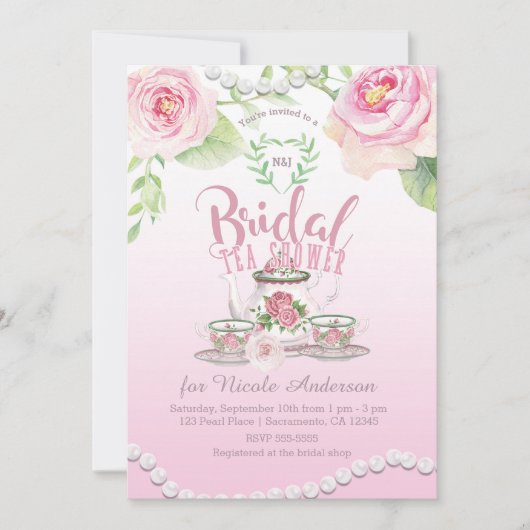 Rozen & parels Elegante bruids thee douche Kaart (Voorkant)