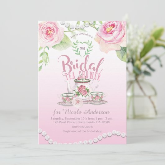 Rozen & parels Elegante bruids thee douche Kaart (Staand voorkant)