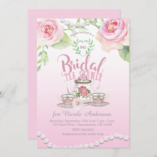 Rozen & parels Elegante bruids thee douche Kaart (Voorkant / Achterkant)