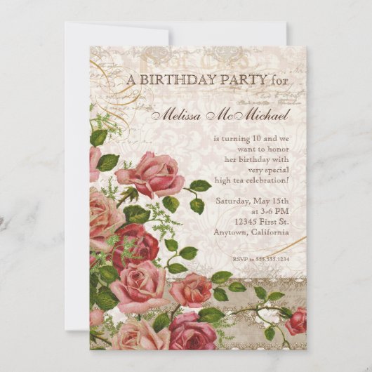 Rozen Party Birthday Invite, Trellis Roos Vintage Kaart (Voorkant)
