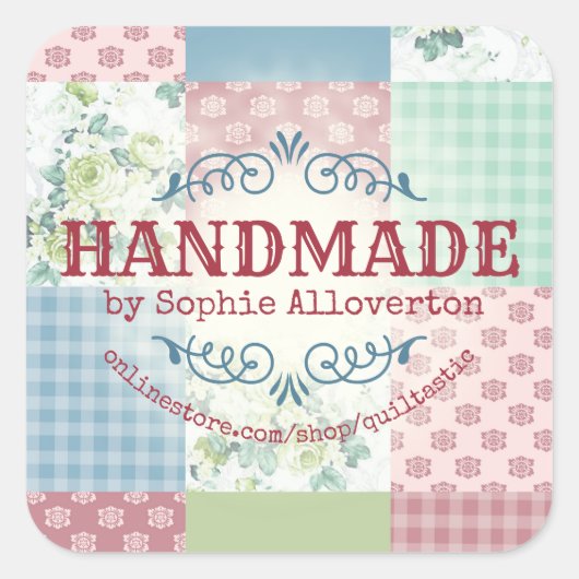 rozen patchwork quilten naaien vierkante sticker (Voorkant)