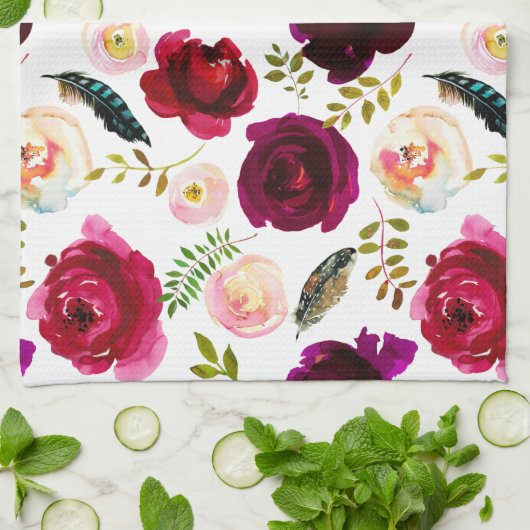 Rozen Pattern Floral Flowers Boho Burgundy Theedoek (Gevouwen)