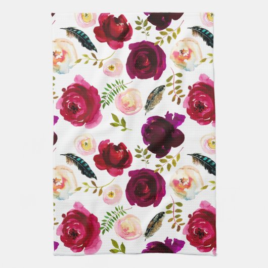 Rozen Pattern Floral Flowers Boho Burgundy Theedoek (Verticaal)