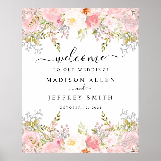 Rozen Peony Blush Pink Floral Weddenschap Welkomst Poster (Voorkant)
