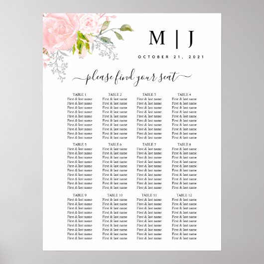Rozen Peony Blush Pink Wedding Seating Chart Poster (Voorkant)