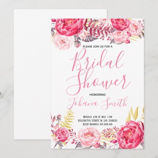 Rozen Peony Floral Bridal Shower Kaart (Voorkant / Achterkant)
