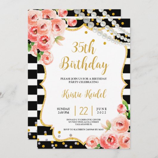 Rozen & Perl Birthday Party Invitation Kaart (Voorkant / Achterkant)