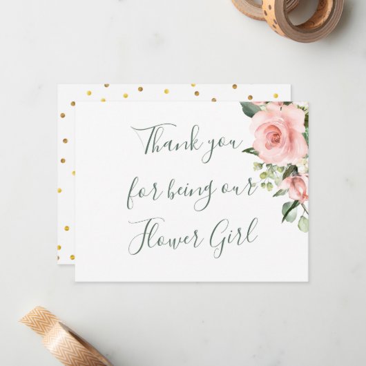 Rozen, polka punt Bloemenmeisje Dank je wel Notitiekaartje (Voorkant / Achterkant in situ)