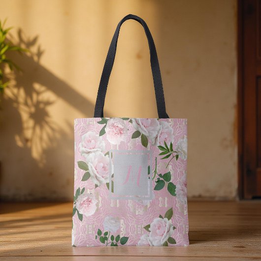 Rozen pony's op Blush Pink & Gold Damask Monogram Tote Bag