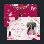 Rozen Prinses Vlinder & Foto Quinceanera Save The Date<br><div class="desc">Laat je vrienden en familie weten over je aankomende quinceanera met deze prachtige save the date-kaart. Beschikt over stijlvolle letters en uw foto met een overvloed aan roze rozen,  goudglitter,  vlinders,  een tiara of kroon en een prinses in een fancy roze jurk.</div>