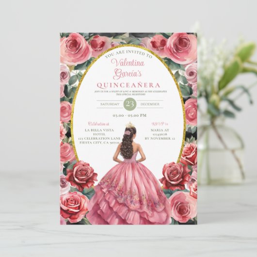 Rozen Quinceañera 15 Anos Bloemen Goud Kaart (Staand voorkant)