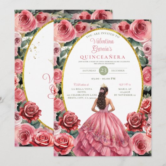 Rozen Quinceañera 15 Anos Bloemen Goud Kaart (Voorkant / Achterkant)