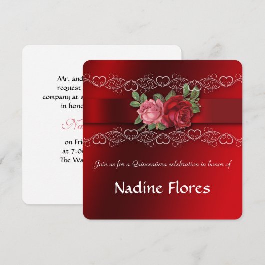 Rozen, Quinceanera, Sweet Sixteen, Uitnodiging (Voorkant / Achterkant)