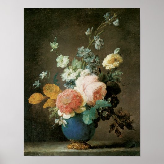 Rozen, Ranunculus en andere bloemen in een blauwe  Poster (Voorkant)