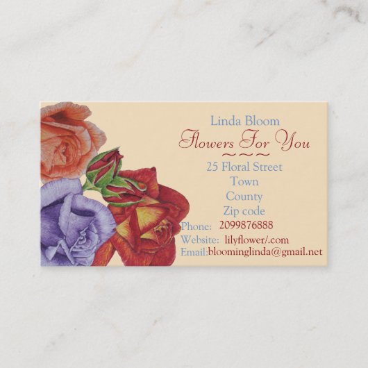 rozen Rode perzik Blauwe Bloemen Kunst Tuinman Blo Visitekaartje (Voorkant)