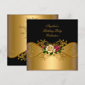 Rozen Rode Roze Cream Black Gold Birthday Party Kaart (Voorkant / Achterkant)
