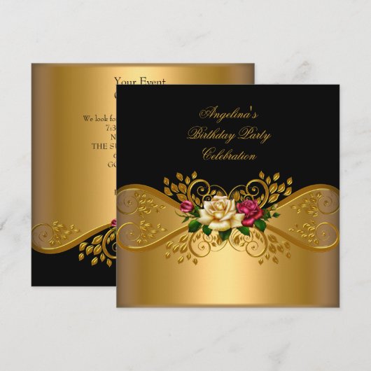 Rozen Rode Roze Cream Black Gold Birthday Party Kaart (Voorkant / Achterkant)