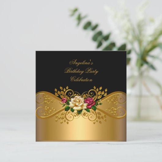 Rozen Rode Roze Cream Black Gold Birthday Party Kaart (Staand voorkant)