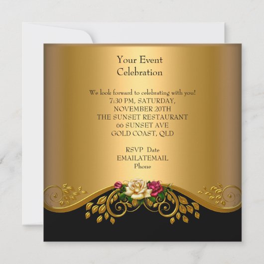 Rozen Rode Roze Cream Black Gold Birthday Party Kaart (Achterkant)