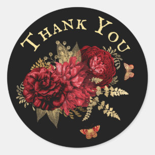 Rozen Rood Goud Bloemen Vlinder Dank u Ronde Sticker
