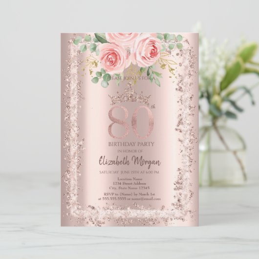 Rozen, Roos Gouden Glitter Lijst Kroon 80e Verjaar Kaart (Staand voorkant)