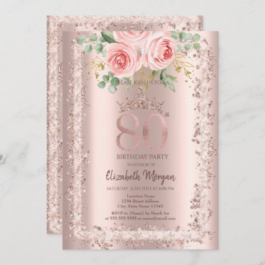 Rozen, Roos Gouden Glitter Lijst Kroon 80e Verjaar Kaart (Voorkant / Achterkant)