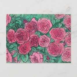 Rozen, Roos tuin, levensketch inktpastels Briefkaart