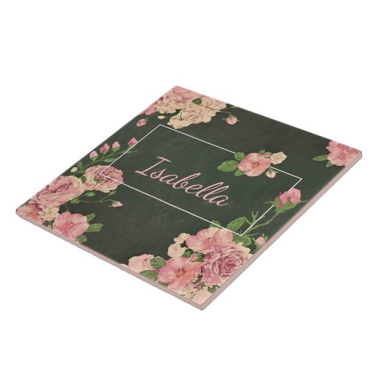 Rozen roze afdrukken, gepersonaliseerde naam tegeltje (Zijkant)