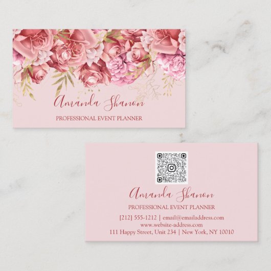 Rozen Roze bloem Roos Event Planner QR CODE Visitekaartje (Voorkant / Achterkant)