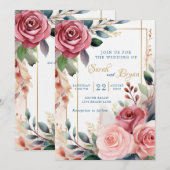 Rozen Roze Bloemen Greenery Boho Huwelijksuitnodig Kaart (Voorkant / Achterkant)