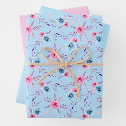 Rozen roze en blauwe Waterverf Inpakpapier Vel (In situ)