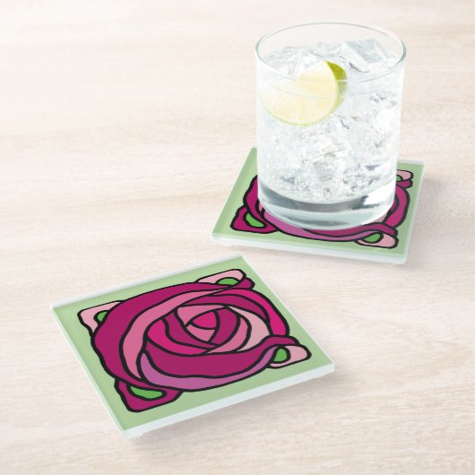  Rozen Roze en Groen bloempatroon Glazen Onderzetter (Schuin)