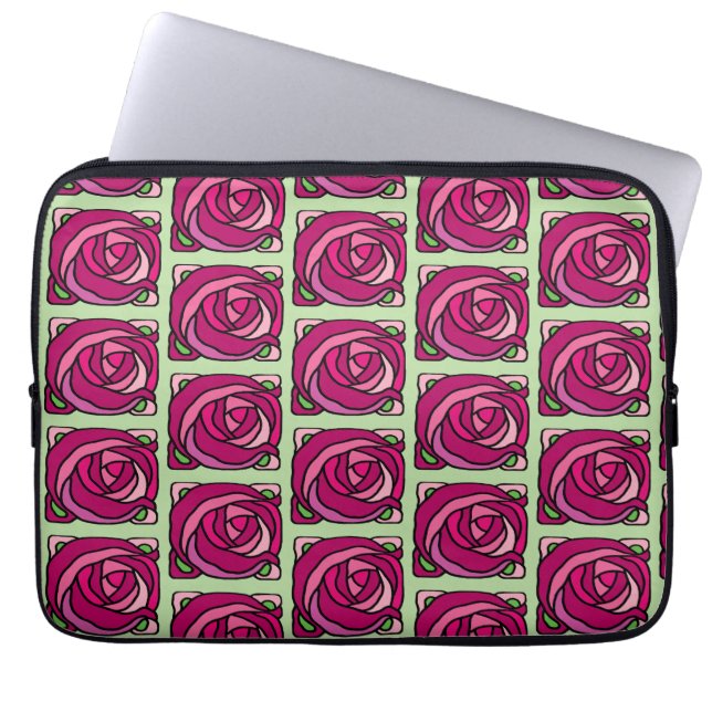  Rozen Roze en Groen bloempatroon Laptop Sleeve (Voorkant)