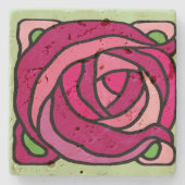  Rozen Roze en Groen bloempatroon Stenen Onderzetter (Voorkant)