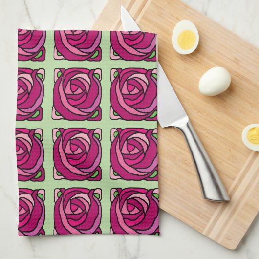  Rozen Roze en Groen bloempatroon Theedoek (Quarter Fold)