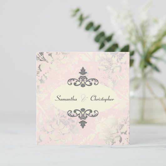 Rozen + Roze/Faux Silver/Gray uitnodigingen (Staand voorkant)