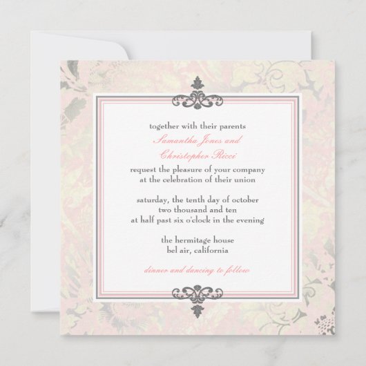 Rozen + Roze/Faux Silver/Gray uitnodigingen (Achterkant)