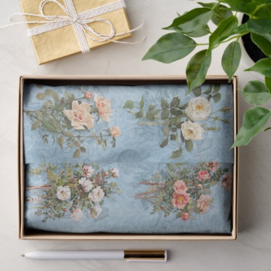 Rozen Roze Floral Blauw en Witte Ontkoppeling Tissuepapier (Geschenk)