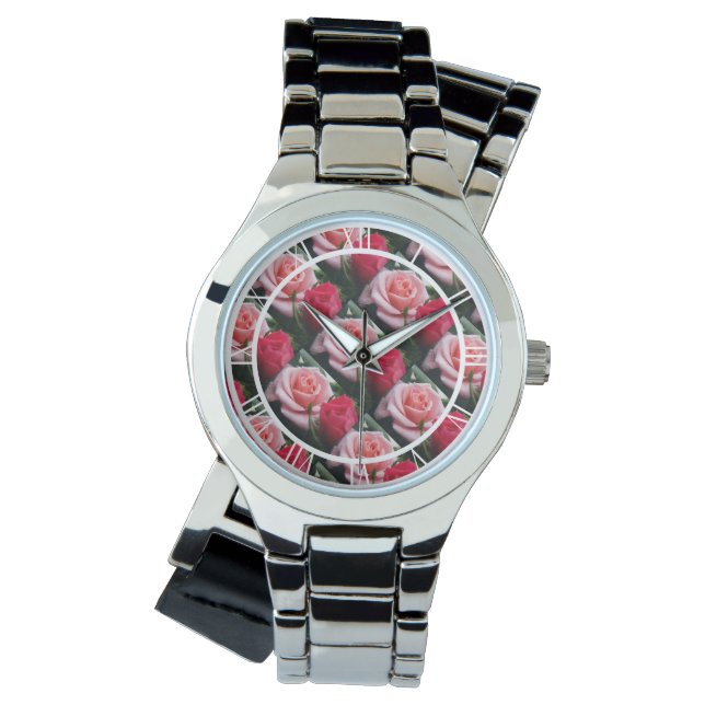 Rozen Roze Floral Pattern Watch Horloge (Voorkant)