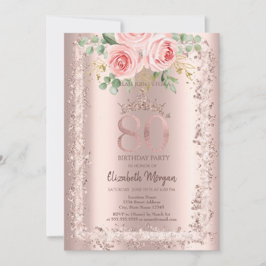 Rozen, Roze Gouden Glitter Frame Kroon 80ste Verja Kaart (Voorkant)