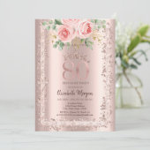 Rozen, Roze Gouden Glitter Frame Kroon 80ste Verja Kaart (Staand voorkant)