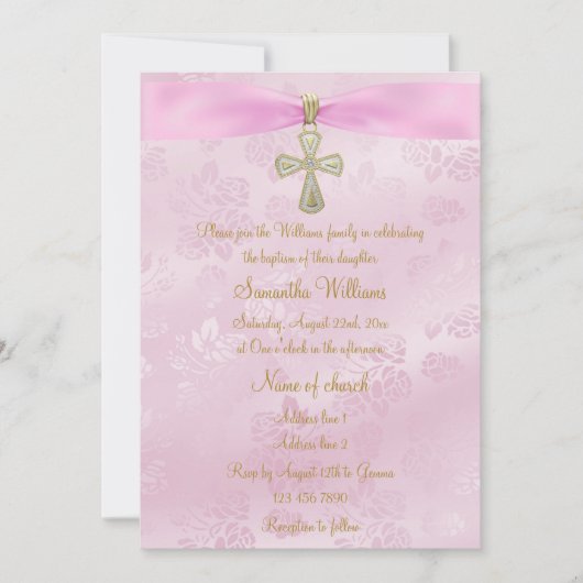 Rozen, Roze Lint & Gouden Kruisdoop Kaart (Voorkant)