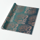 Rozen Roze Rose Gold Metallic Floral Blauwgroen Gr Cadeaupapier (Uitgerold)