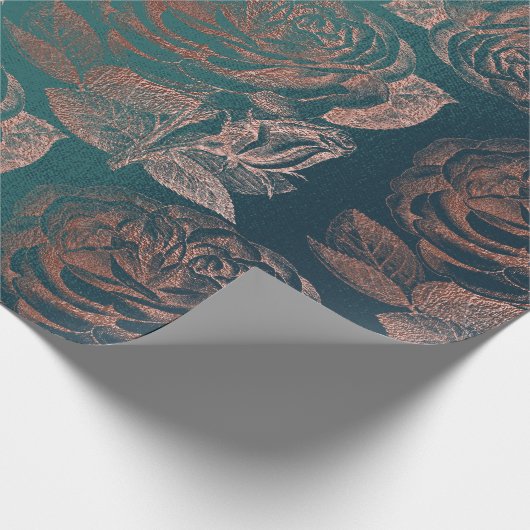 Rozen Roze Rose Gold Metallic Floral Blauwgroen Gr Cadeaupapier (Hoek)