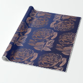 Rozen Roze Rose Gold Metallic Floral Blue Marine Cadeaupapier (Uitgerold)