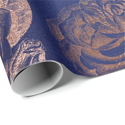 Rozen Roze Rose Gold Metallic Floral Blue Marine Cadeaupapier (Rol Hoek)