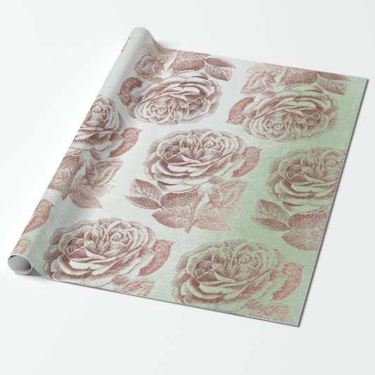 Rozen Roze Rose Gold Metallic Floral Blush Mint Cadeaupapier (Uitgerold)