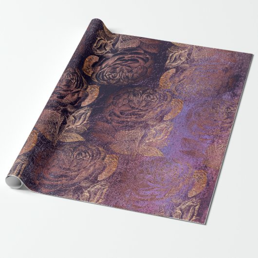 Rozen Roze Rose Gold Metallic Floral Burgundy Plum Cadeaupapier (Uitgerold)