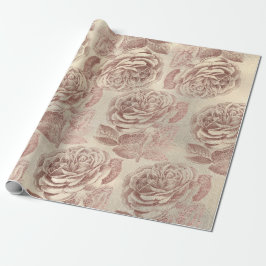 Rozen Roze Rose Gold Metallic Floral Sepia Linen Cadeaupapier